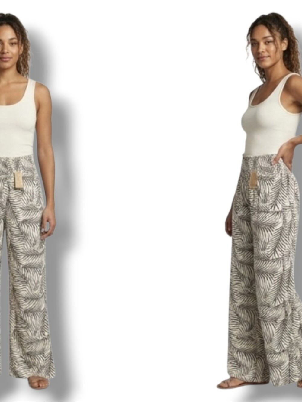 NEW Sky Wide Leg Palm Print Pants Size M Black Cream Tropical Beach Boho Plisse